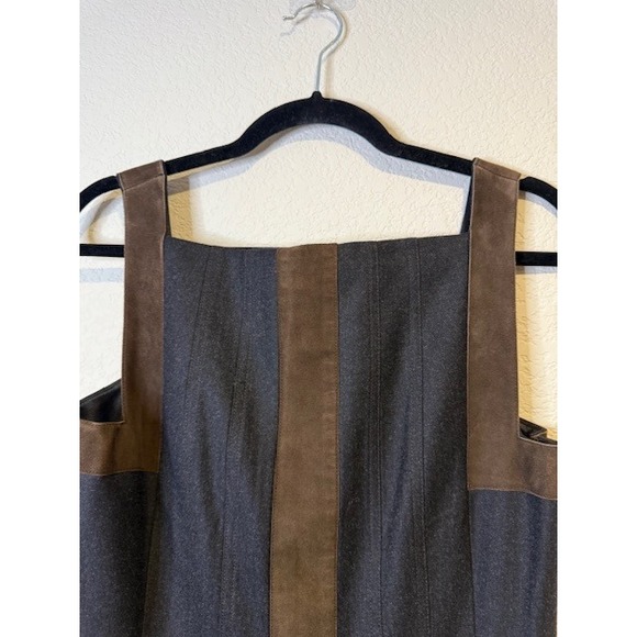 Akris Wool Suede Trim Pleated Midi Dress Navy Blue Brown US 6 - Picture 2 of 6